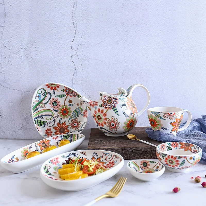 

High temperature in-glaze color ceramic tableware dining plate rice bowl soup plate shallow plate porcelain teapot cup set, As shown