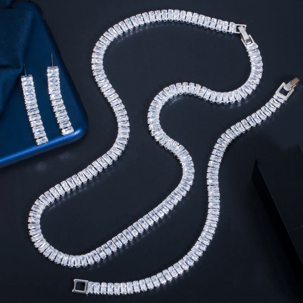 Flash Quality Cubic Zircon Iced Out CZ Chain Bridal Wedding Tennis Jewelry Luxury Women 3 Piece Set Earrings Bracelet Necklace