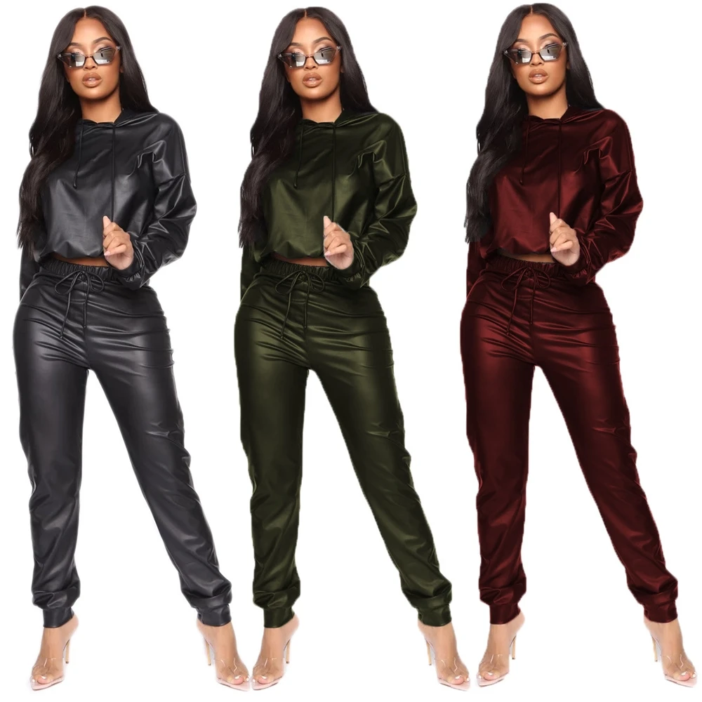 

MD-Plus Size Women Sexy Leather 2 Piece Set Fall Clothes Joggers Tracksuits Girls' Women Leather Crop Tops Two Piece Pants Sets