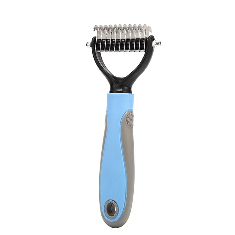 

Factory Promotion Pet Stainless Steel Grooming And Cleaning Tools Knot Hair Double-sided Comb Pet Comb With Silicone Handle, Pink, blue