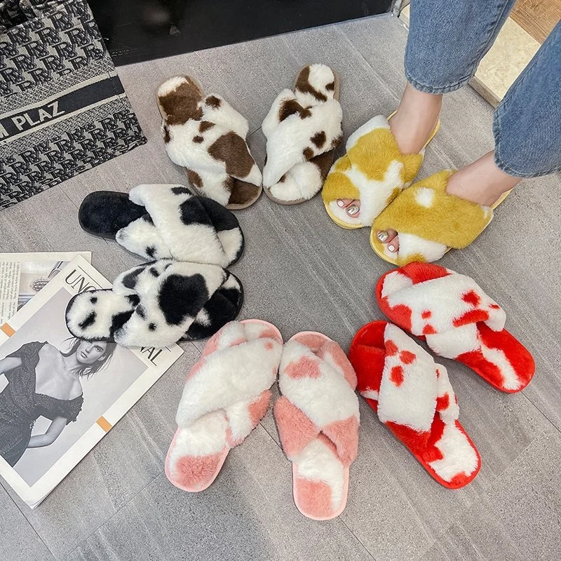 

New Design Luxury Mixed Colors Furry Warm Women Slippers Cross Strap Round Toe Open Toe Softy Sole Plush Sandals, Yellow/red/black/coffee/pink