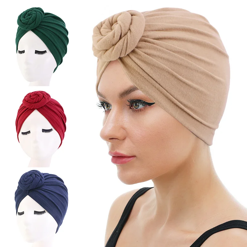 

Wholesale Hot Women Knotted Plain Top Knot Turban Hat Solid Twisted Knotted Turban for Ladies