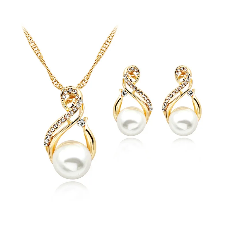 

Women Wedding Pearl Pendant Earrings Necklace Sets Simple Real 18K Gold Plated Bridal Pearl Jewelry Sets