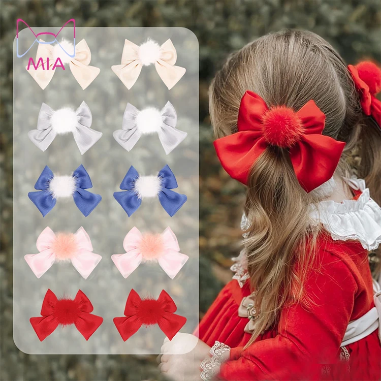 

Free Shipping candy-colored Christmas red mink fur ball hairpin silk hair accessories children's satin hairbow hairpin 21003, Picture shows