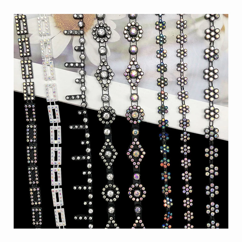

latest garment decorative acrylic beaded chain lace bag craft crystal rhinestones black geometric costume sewing textile trims