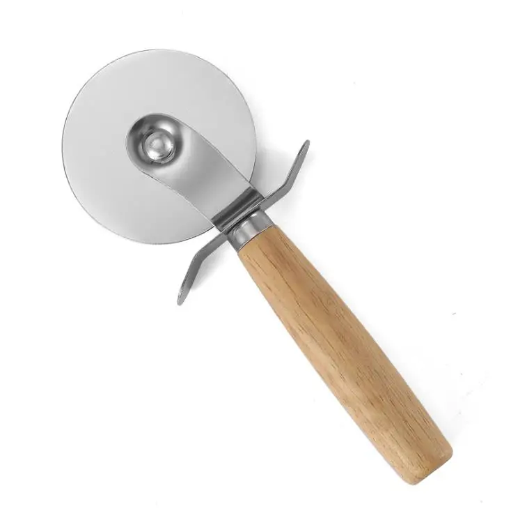 

Wholesale kitchen stainless steel wheel blade cheese slicer pizza cutter with wooden handle, Natural wood color