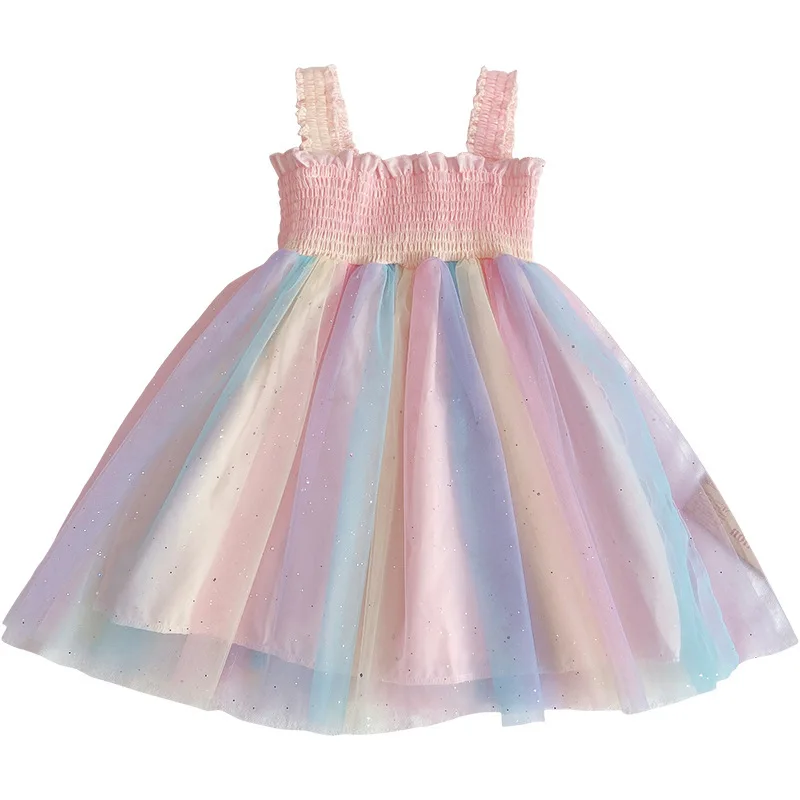 

Girl Rainbow Crumpled Mesh Sling Skirt Princess Skirt 2022 Children's Wear Manufacturer