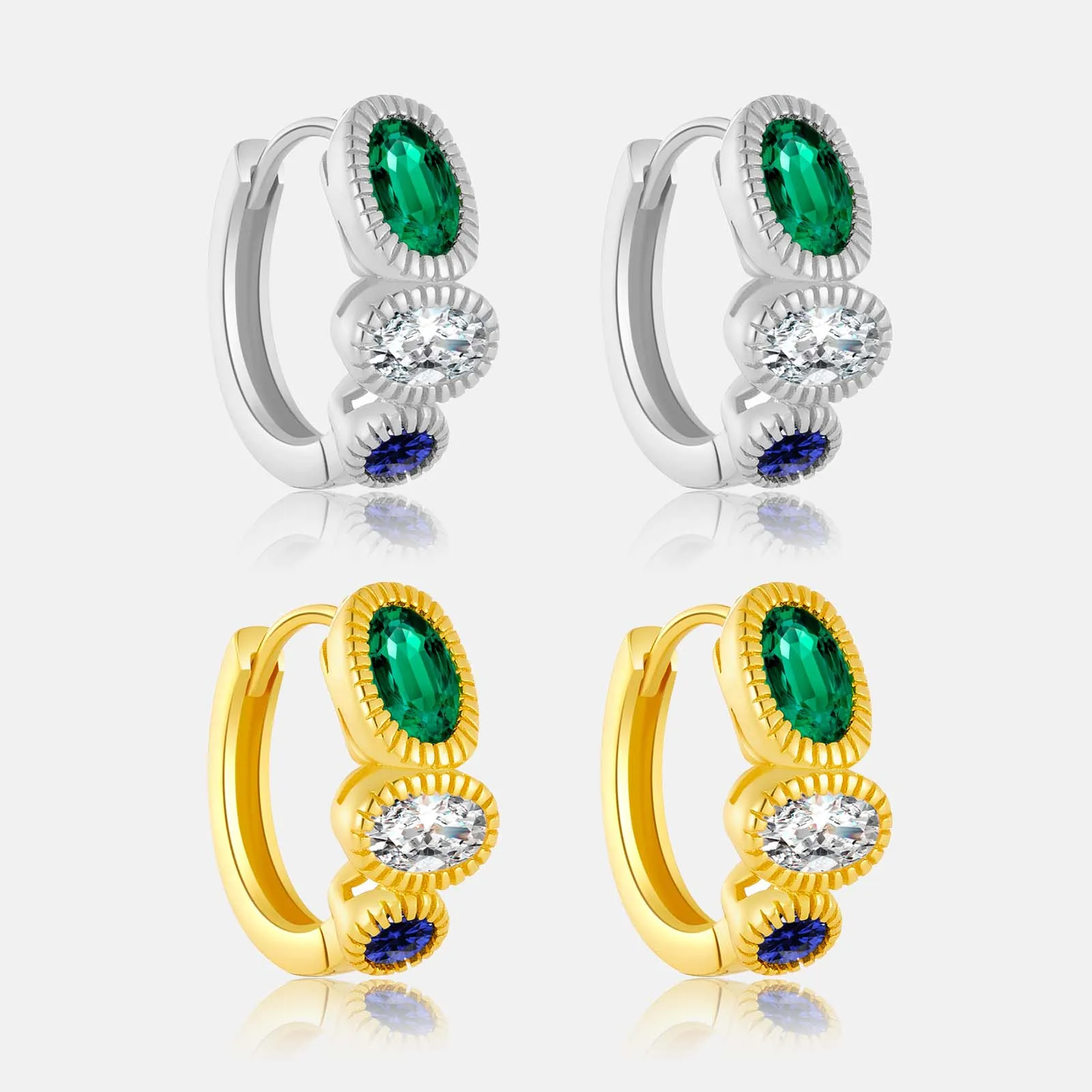 FUAMAY 925 Silver Oval Stone Hoop Earrings Emerald Blue Stone Gold Plated Clip-on Earings Sterling Silver