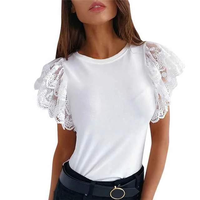 

Spring Hot Sale Top Sexy Solid Color Crew Neck Lace Short Sleeve T-shirt, Picture color