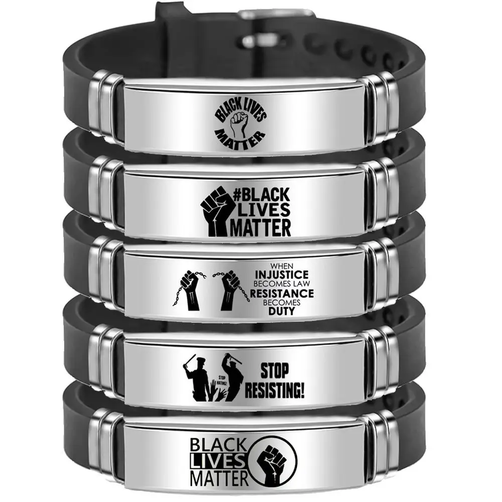 

Stainless Steel Engraved Custom Black Lives Matter Support the Black Stay Woke I can't Breathe Leather Men's Bracelets for Women