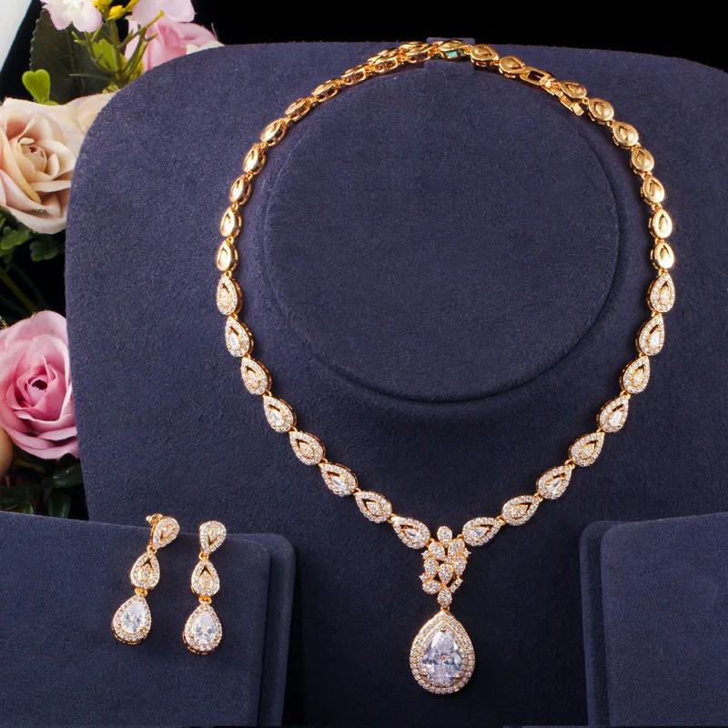 Gorgeous Bright Water Drop Cubic Zirconia Women's Party Wedding Necklace and Earrings Luxury Bride Costume Jewelry Set