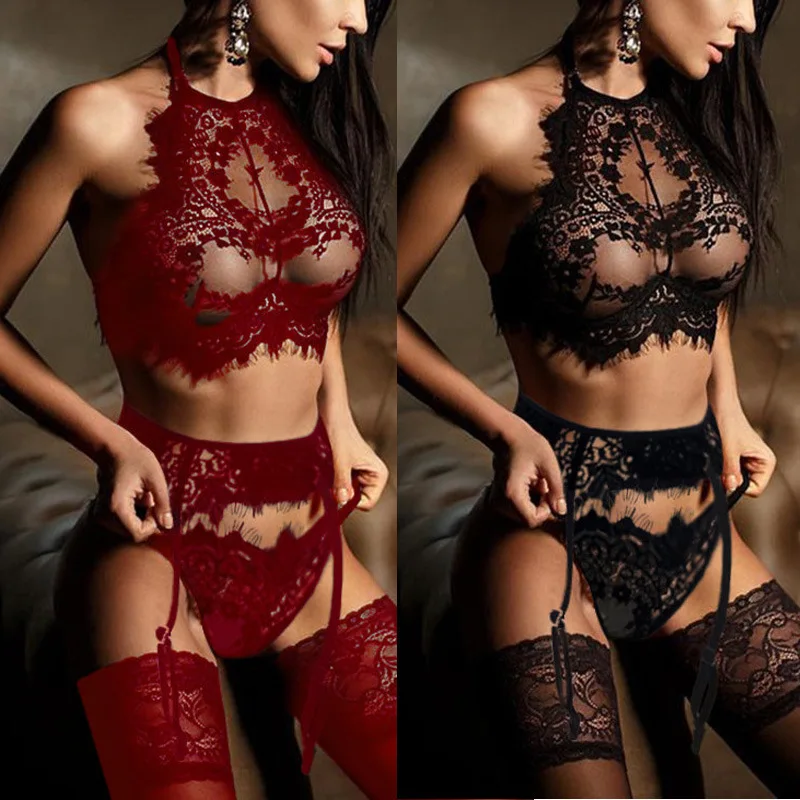 

Ladies Custom Mature Sexy Lingerie Three Pieces Sling Set Girls Lace Sexy Bodysuit Lace Mesh Hollow See-through Underwear