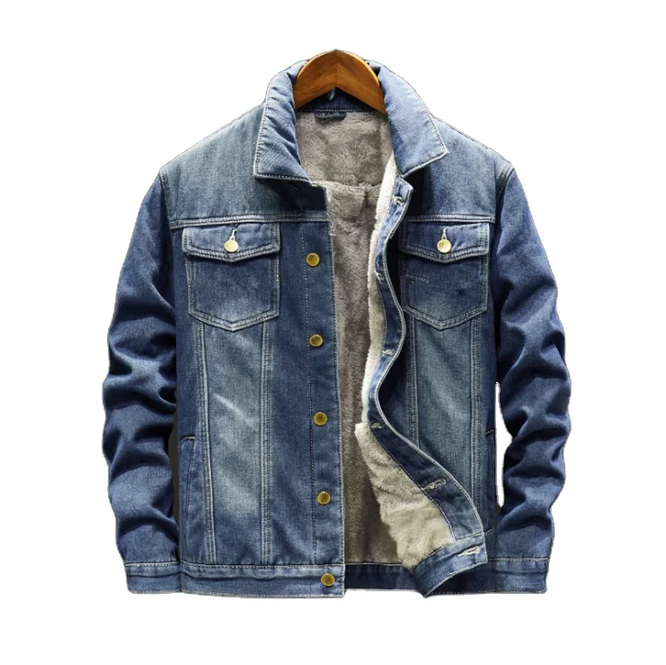 

New Men winter Thick warm Streetwear Slim fit denim velvet jacket Man Solid color casual denim coat, Blue