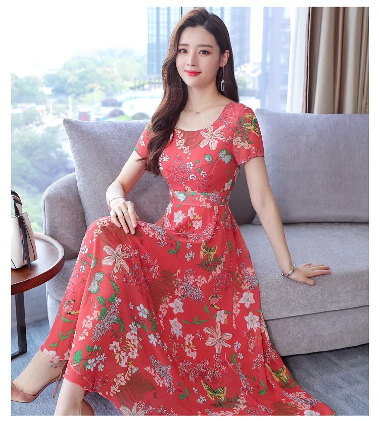 

Fashion floral new Women dress Summer regular sleeve O-neck loose dress casual maxi dress Big swing A-line skirt