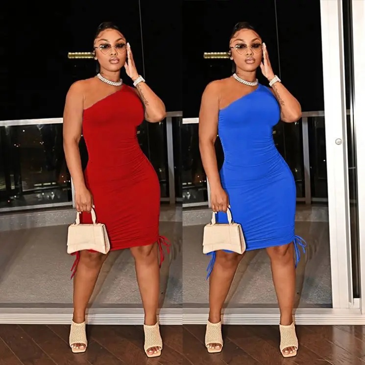 

JEAN Fashion 2021 Single Shoulder Drawstring Solid Color Bodycon Dress Women Summer Dress