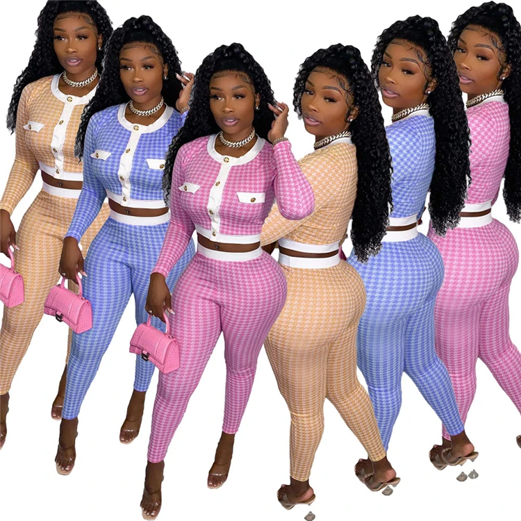 

Fashion 2021 Plaid Print Button Long Sleeves Casual Two Piece Set Women Clothing Office Suits Set For Women