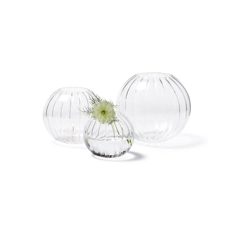 

OEM Hand Made Modern Clear Round Borosilicate Striped Globe Glass Ribbed Orb Sphere Ball Vase