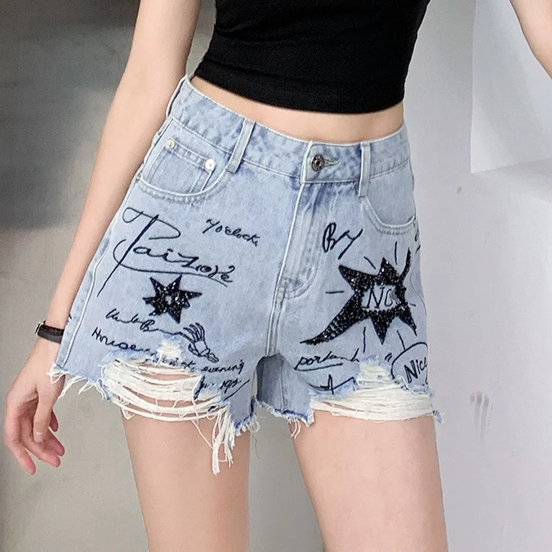 

Wholesale Trendy Custom Private Label Blue Jean Shorts Distressed Pocketed Ripped Denim Jeans For Women