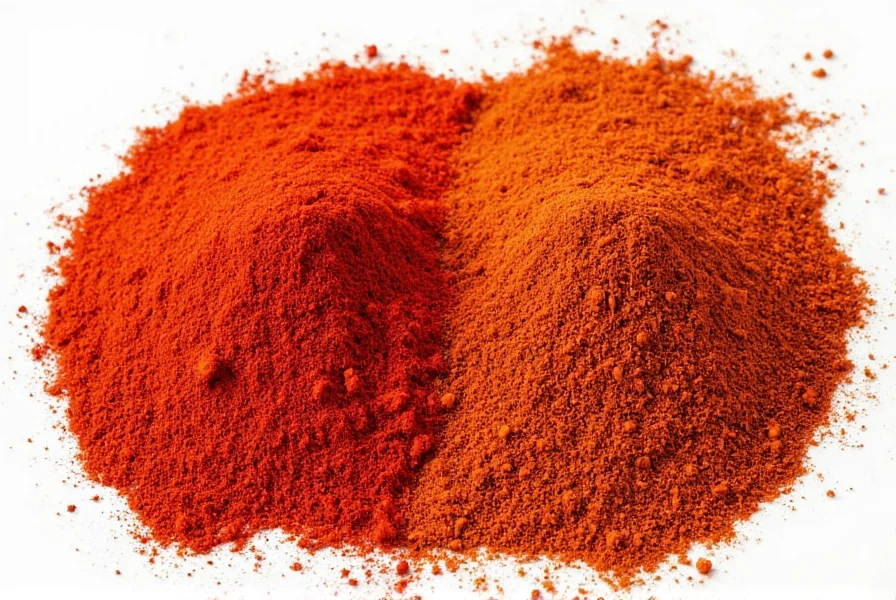 Close-up comparison of cayenne pepper and paprika in spice jars showing color differences between the two red spices