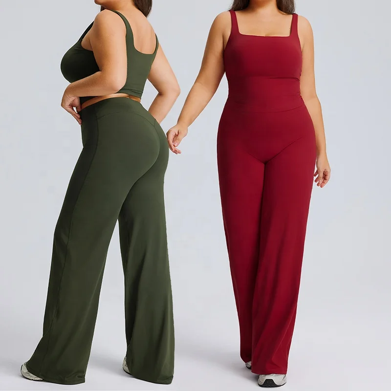 2026 Wholesale Big Size XXXL Women Yoga Sets Square Neck Sports Cropped Tank Top Straight Wide Leg Flared Pants Workout Sets