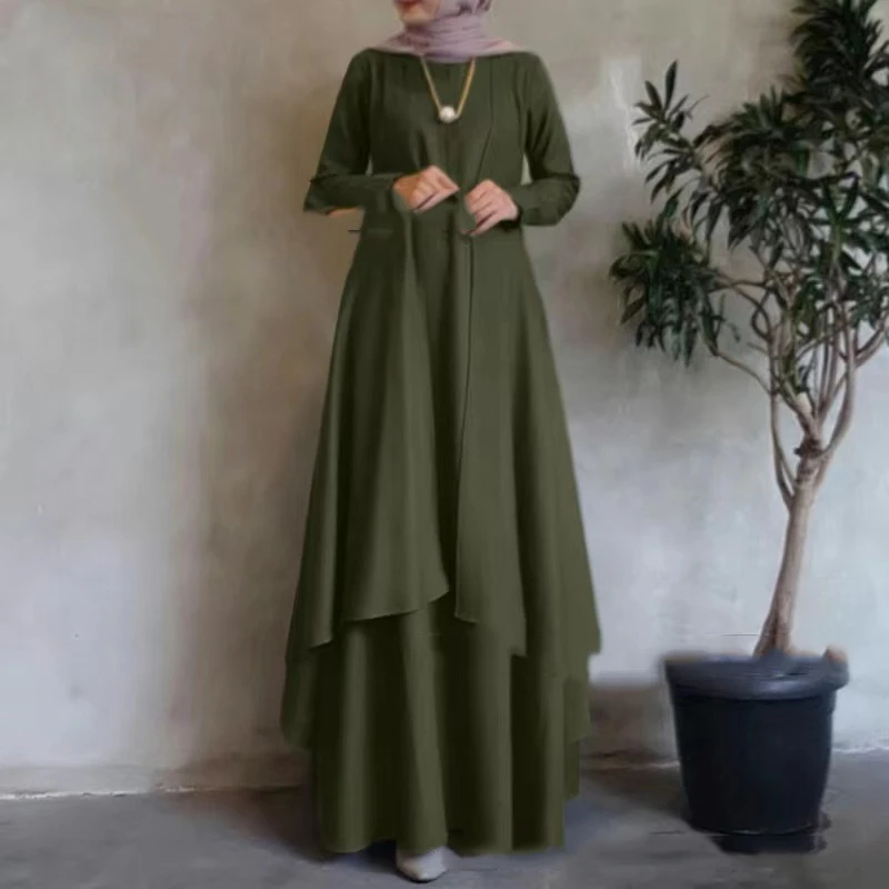 Hot selling fashion women's clothes round neck solid color long sleeve belted jilb 2 piece abaya set for muslim women