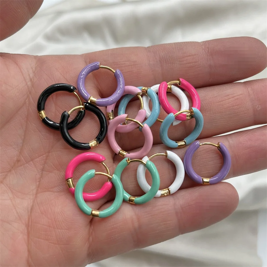 

New INS Summer Neon Enamel 12MM Hoop Women Earring Colorful Round Stainless Steel Huggies Earrings Gift for her Jewelry