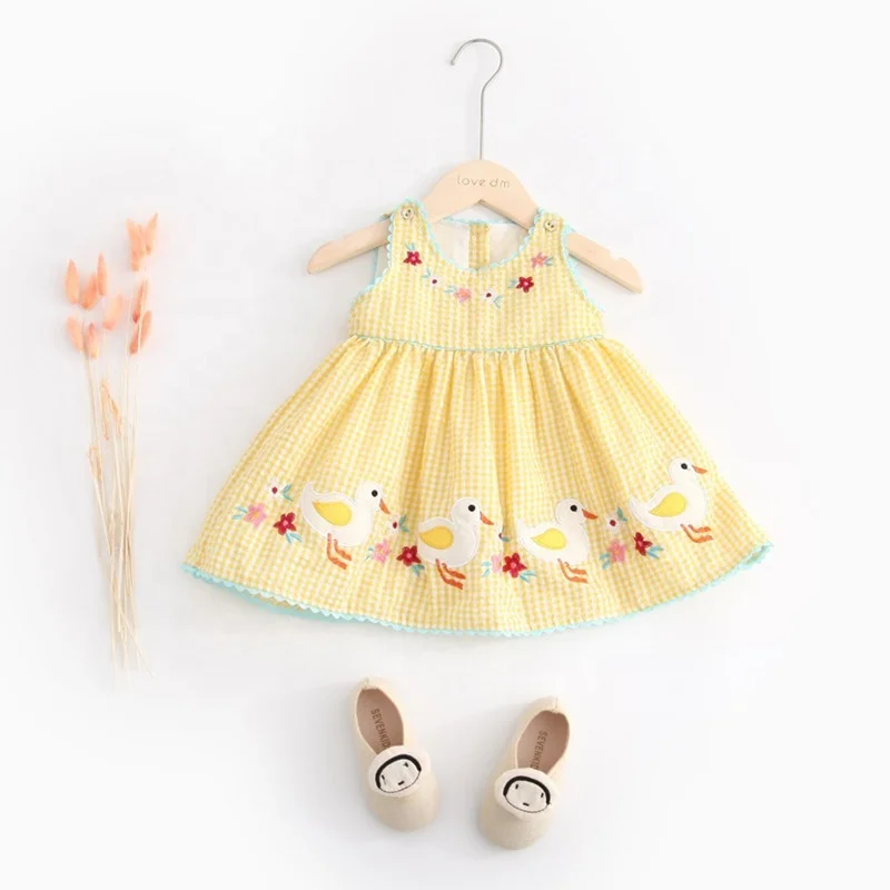 

204329 summer baby girls dress yellow plaid embroidery cotton kids clothing wholesale children's clothes