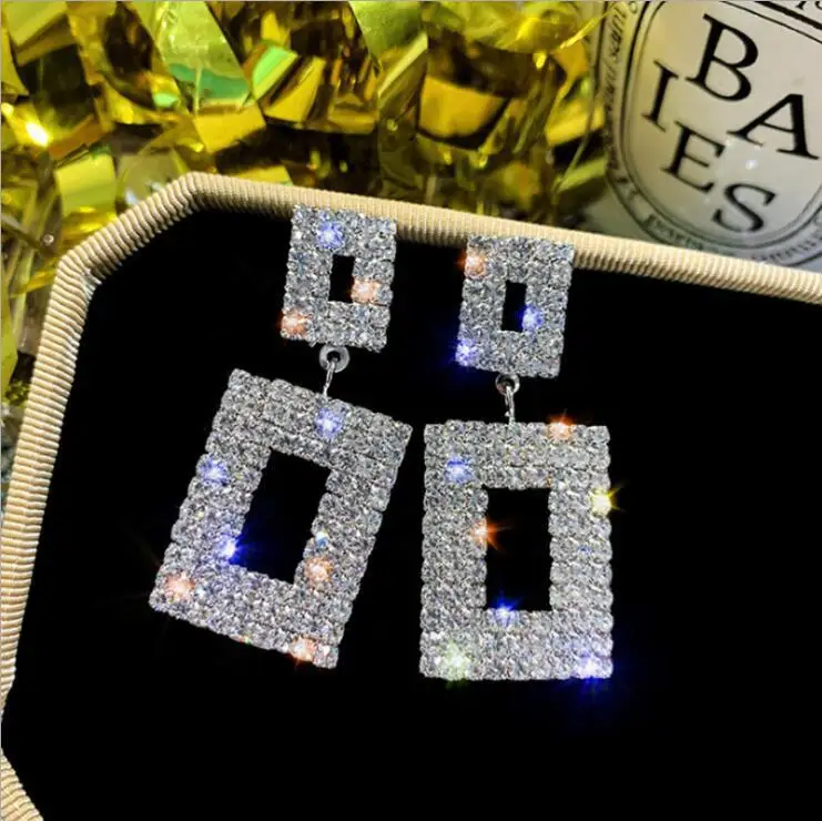 

Statement Shiny geometric Bling Full Crystal Hollow Rectangle Drop Earrings for Women Party, As picture show