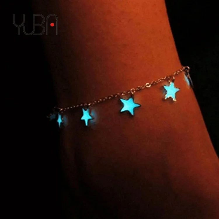 

drop shipping glow in the dark anklet Luminous Lady Beach Winds Blue Pentagon Star Tassel Anklet