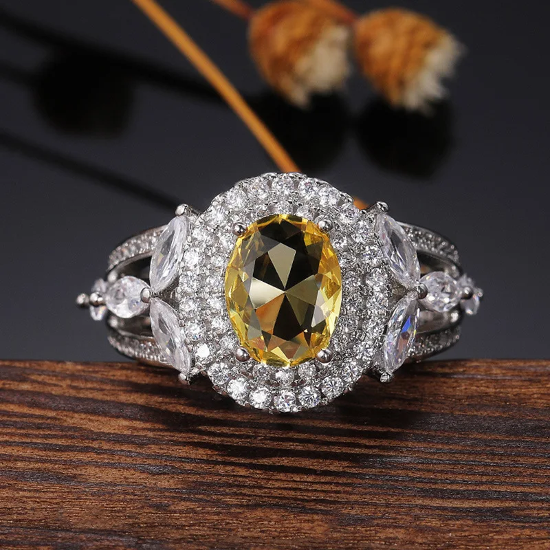 

Hainon wedding rings for women Luxury big Oval yellow zircon Fashion women wedding jewelry rings