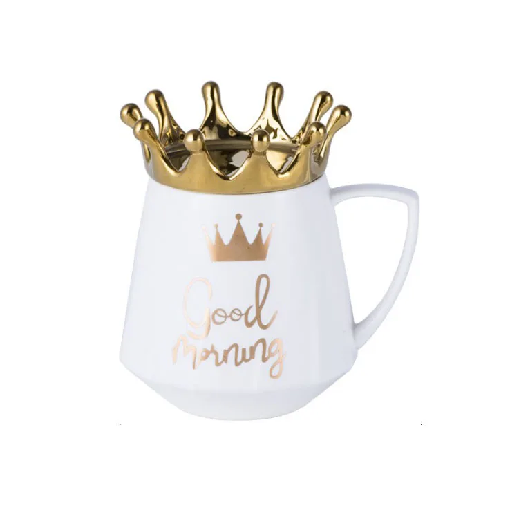 

Nordic creative light luxury crown cup mobile holder Ceramic mug lovers coffee cup milk tea cup for gift, Good morning;my love;black;love