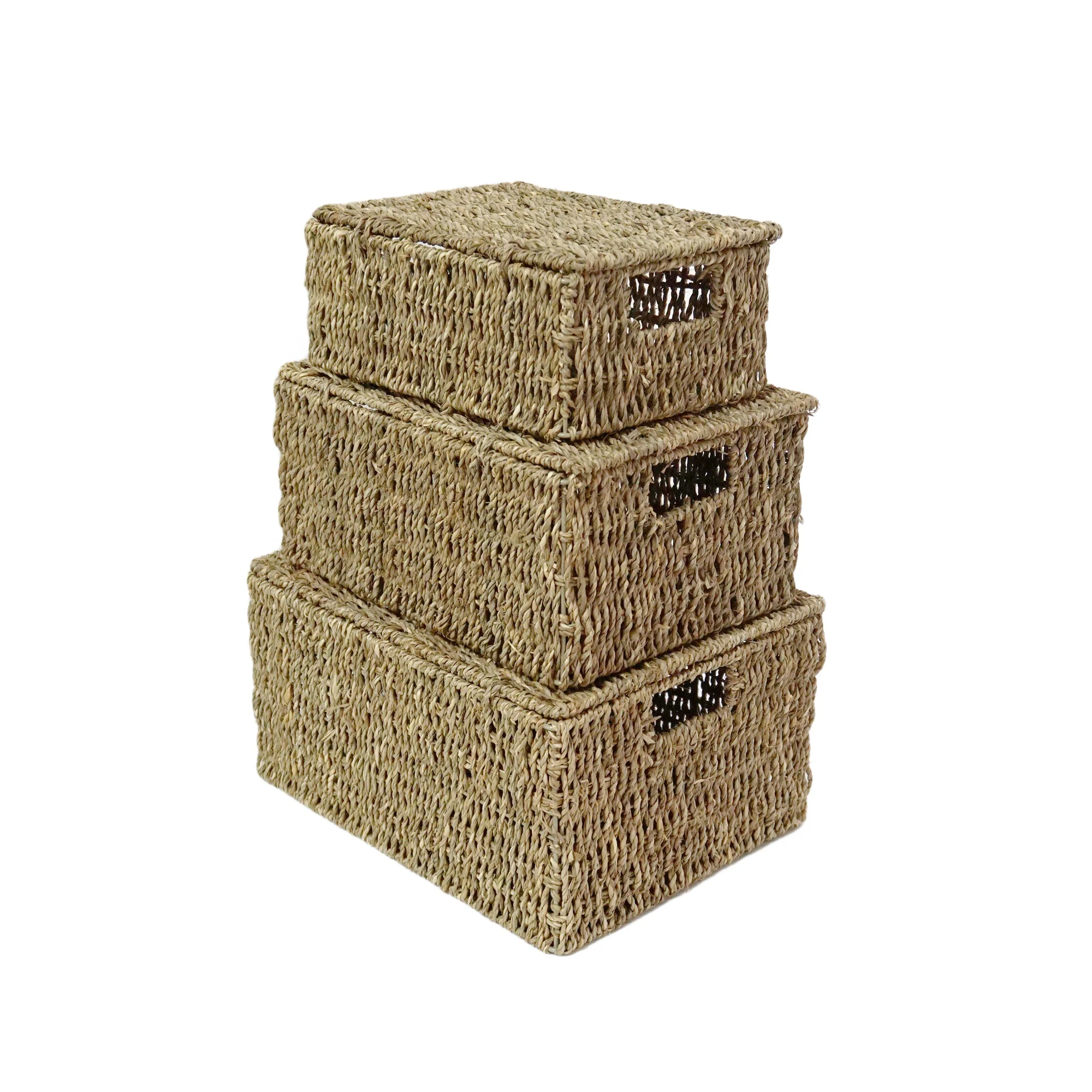 

XH set of 3 wholesale handmade woven rectangular seagrass storage basket with lids hamper box Decorative Organizer Cube, Natural color