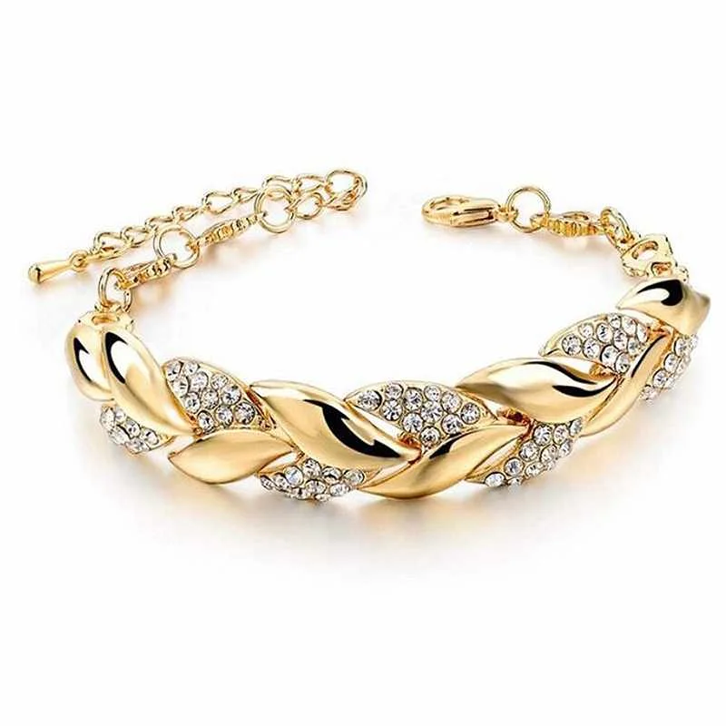 

Fashion Adjustable Golden Link Luxury Crystal Round Rhinestone Grain Leaves Bracelet Chain for Women, Gold