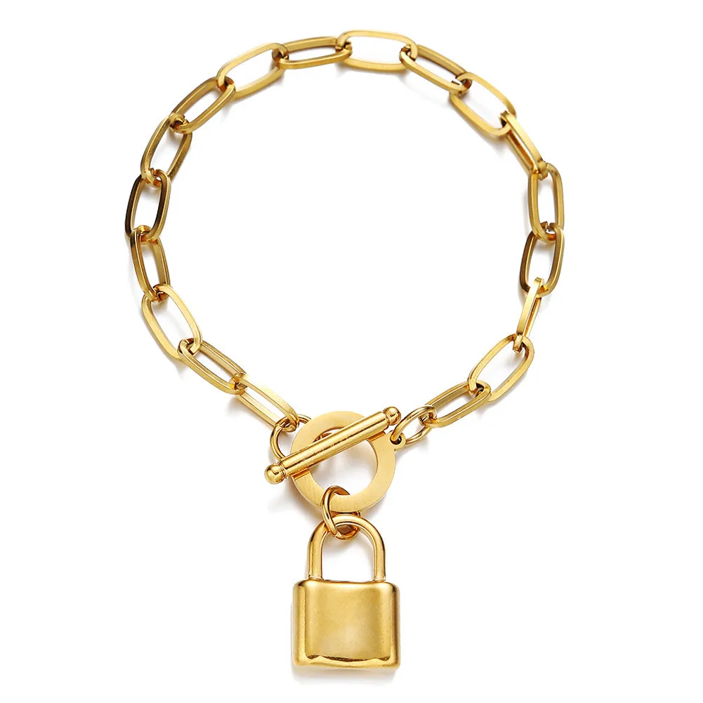 

Amazon Best Selling 24K Gold Plating OT Stainless Steel Clasp Lock Bracelet 316L Stainless Steel Lock Pendant Bracelet