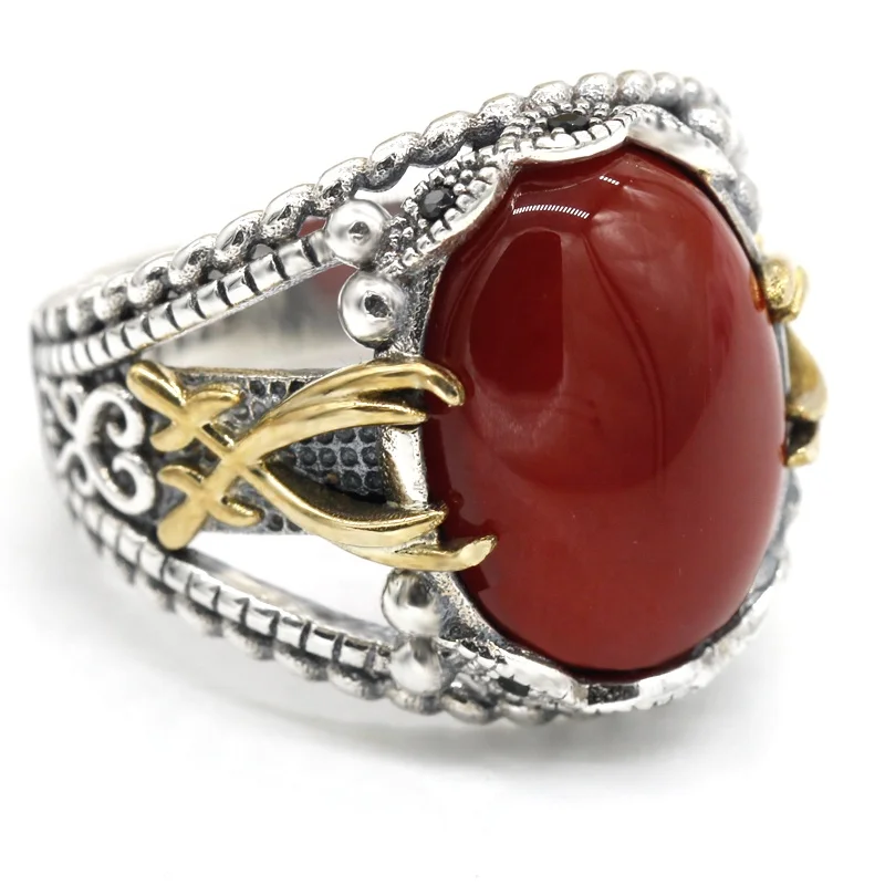 

Wholesale Islamic 925 Sterling Silver Red Agate Stone Rings for Men Handmade Jewelry