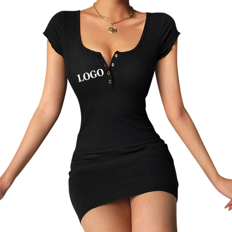 

Fashion Party Club Mini Dresses Women Sexy o-neck Knit Sheath Dress Button Short-Sleeve bodycon Vestidos Women Clothing