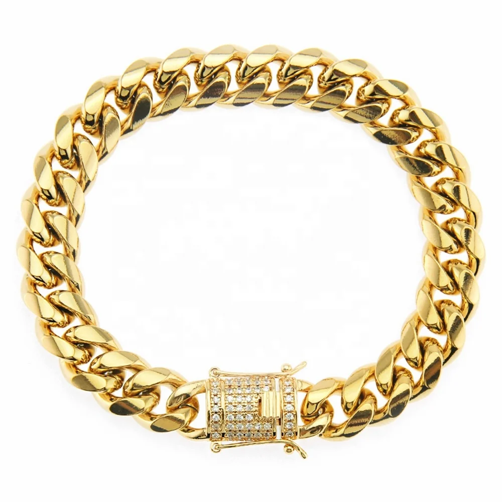 High Quality Gold Plated Stainless Steel Men Bracelet With Zircon Paved Fashion Cuban Link Bracelet