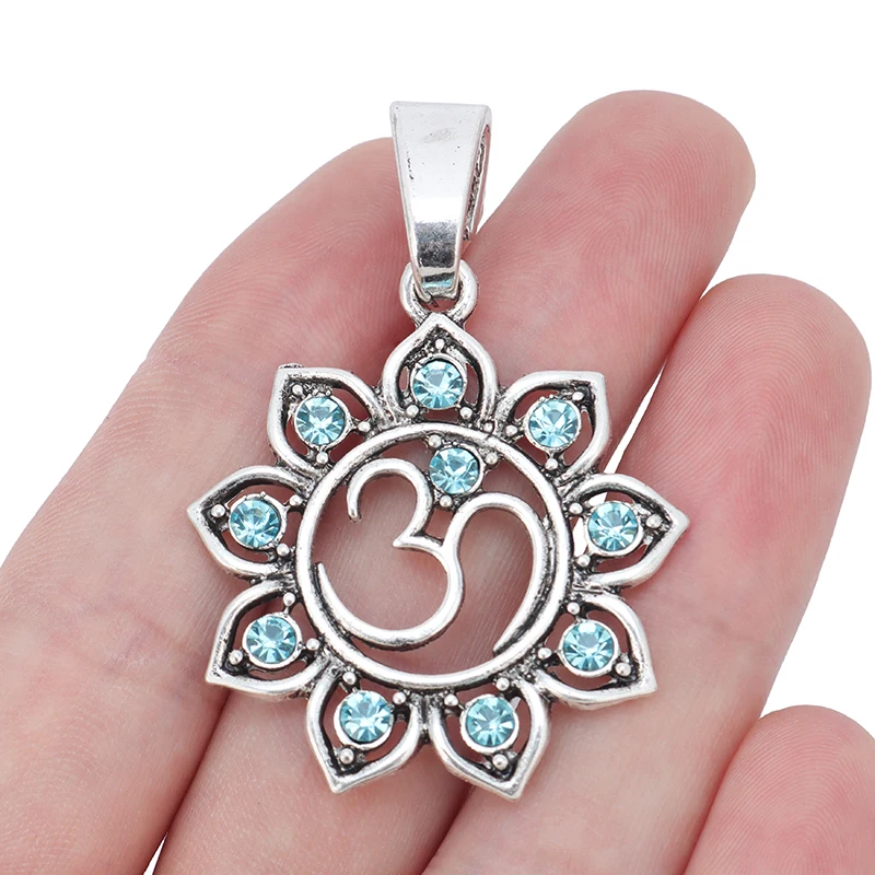 

Antique Silver OM AUM Yoga Symbol Rhinestone Lotus Flower Charms Pendants for Necklace Jewelry Making