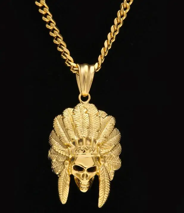 

European and American hip-hop stainless steel feathers, skulls, horns, chief pendants, vacuum plating men's jewelry., Gold,silver,black