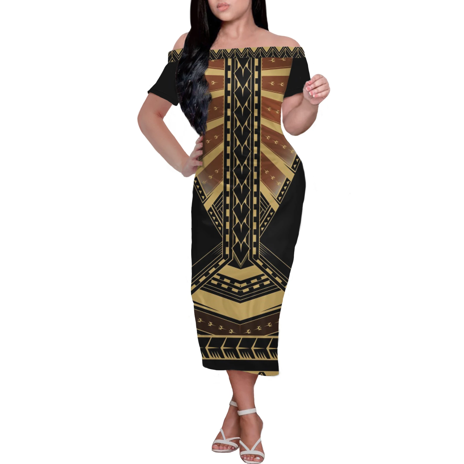 

Stylish Newly Short Sleeve Close-fitting Off Shoulder Dress Polynesian Tribal Puletasi Tatau Pattern Formal Occasions Maxi Dress