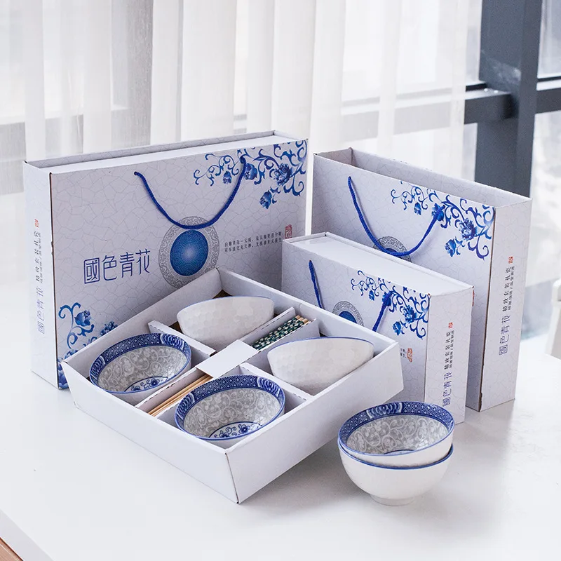 

Popular Sale Blue and White Porcelain Bowl Set Dinnerware and Chopsticks Gift Ceramic Bowl Tableware and Chopsticks Set, White and blue