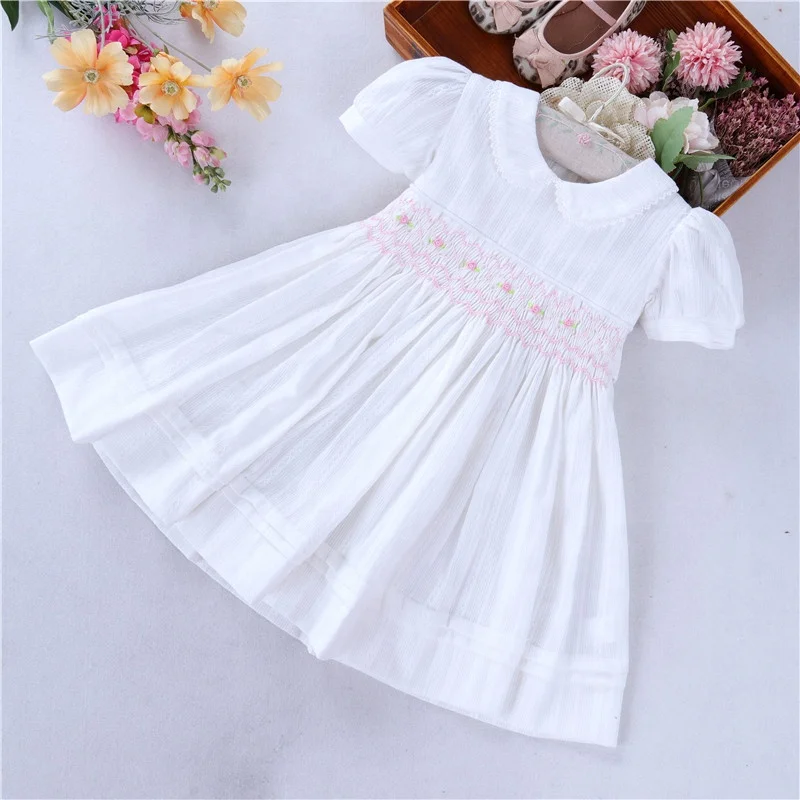 

B38543 summer white toddler baby girls' dresses smocked children clothing hand made embroidery cotton kids clothes wholesale