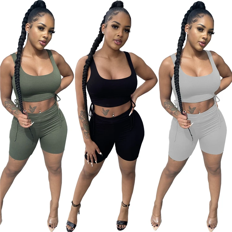 

2021 Sexy Ladies Tracksuit Tank Top Minipants Stretchy Solid Color Summer Casual Jogging Women Two Piece Set, Custom color