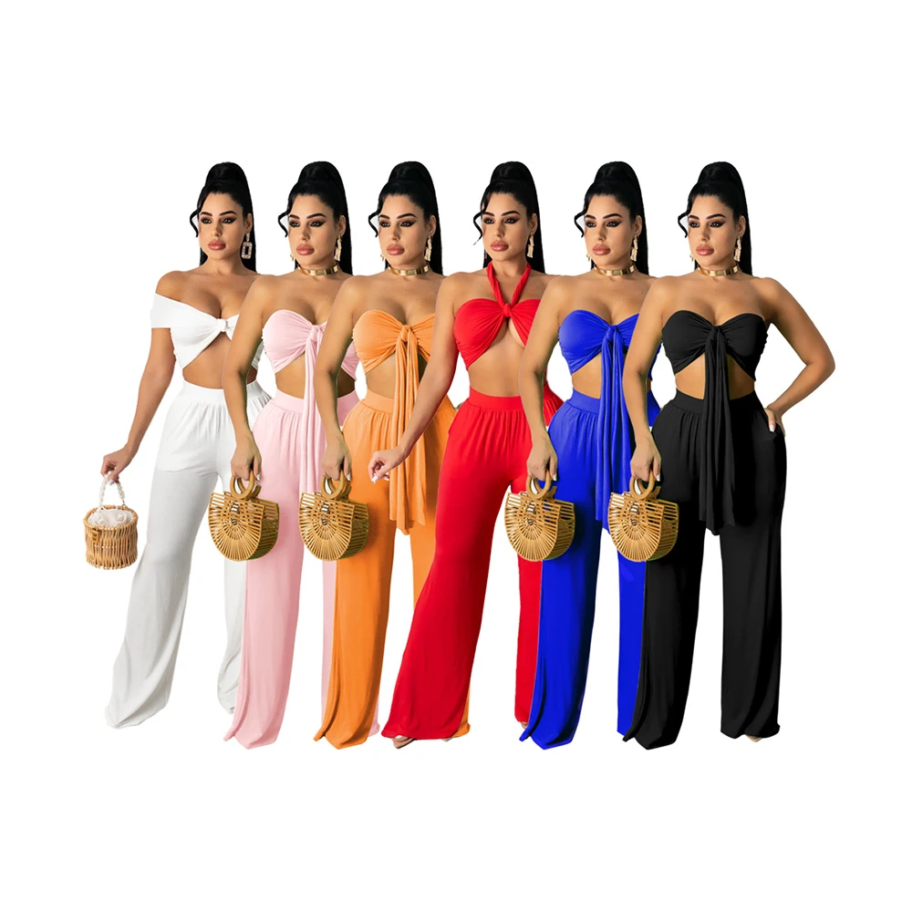 

Foma Clothing TS1123 Latest Design summer 2021 solid color 2 two piece set bra top with ribbon and wide leg pants for women, 6 colors