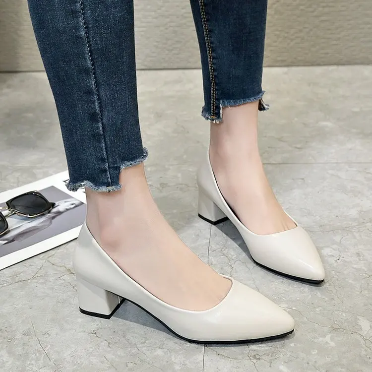 

Custom Logo Casual 5CM Ladies High Heels Solid Color Square Heel Pointed Shallow Mouth Square Buckle Women Professional Shoes