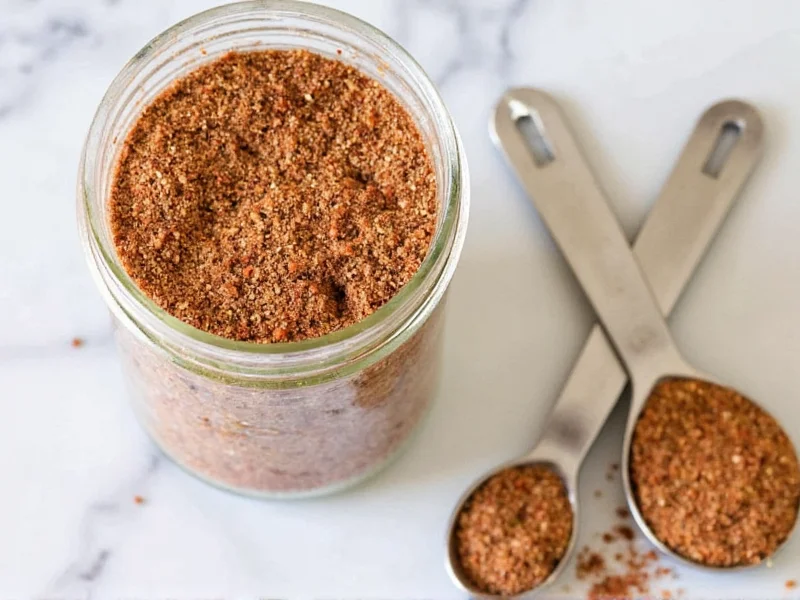 Homemade steak seasoning blend in mason jar with measuring spoons