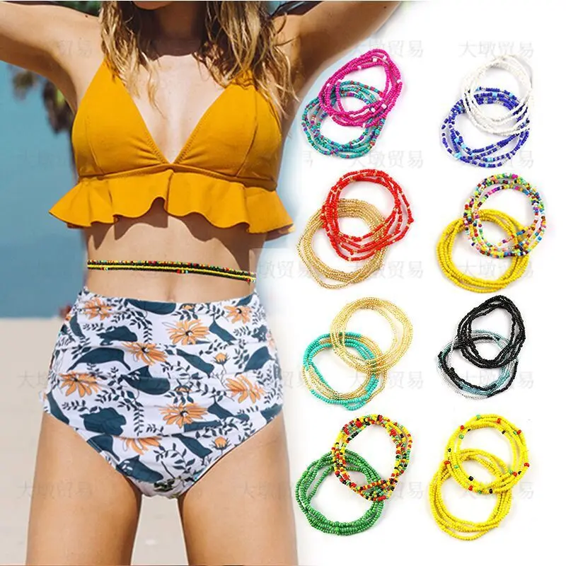 

Stock 75 style African Waist Beads Belly Chain Body Jewelry Bohemian Style Elastic Colorful Rice Bead Waist Chain For Women