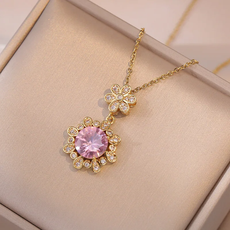 

Women Jewelry Stainless Steel Choker Necklace 18K Gold Plated Pink Flower Crystal Necklace