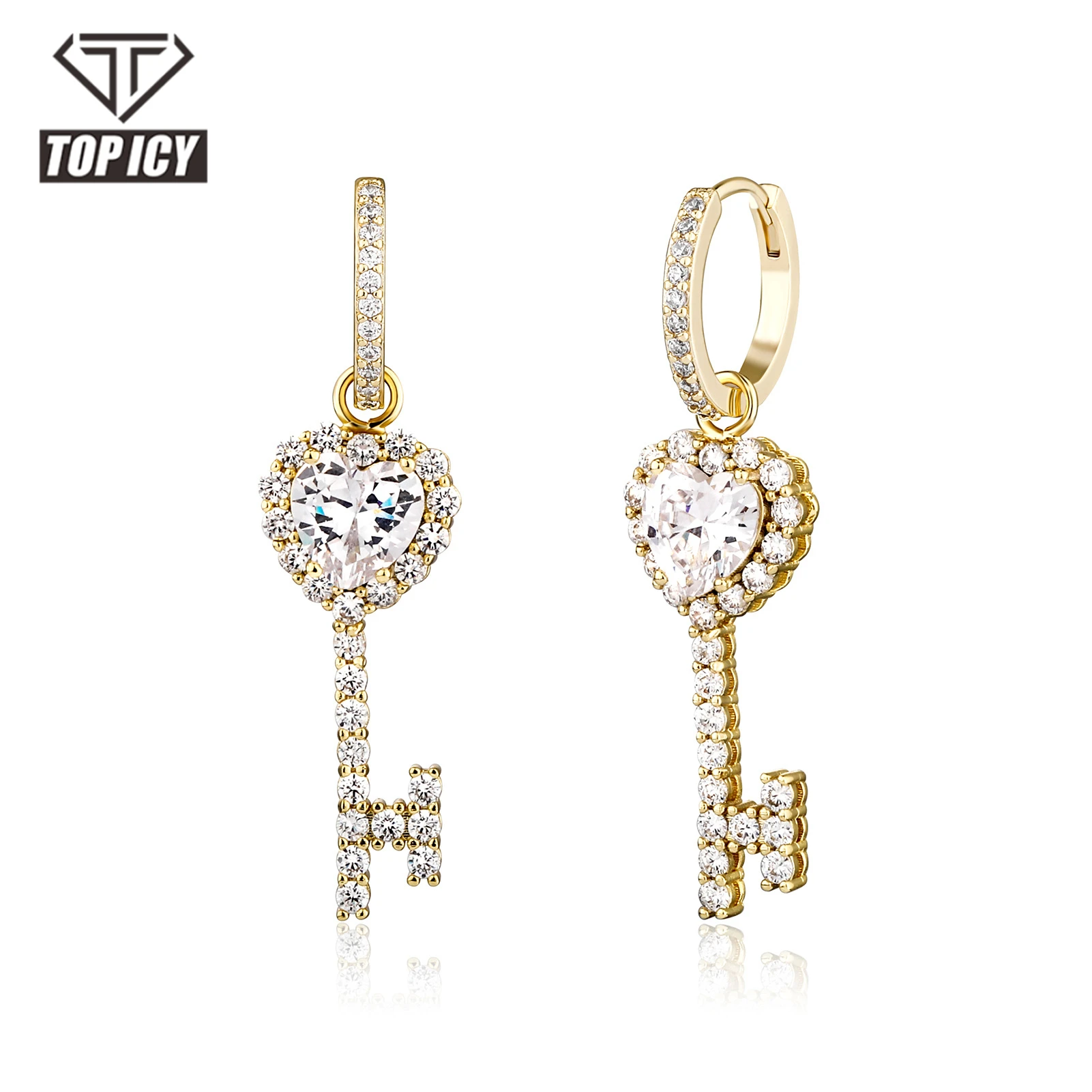 

Top Icy Hip Hop Jewelry AAA CZ 18K Gold Plating Heart Diamond Key Earring Iced Out Stud for Women