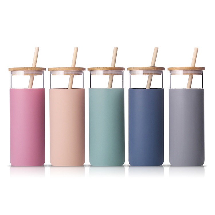 

16oz BPA Free Colored Drinking Glass Tumbler With Straw Silicone Protective Sleeve Bamboo Lid, Silver or customized